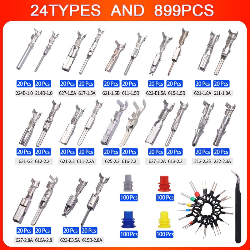 dakewang 899Pcs 24types Automotive Pin Connectors Kit, 1/1.5/1.8/2.2/2.3/2.8/3.5mm Male&Female Wire Pins, Non Insulated Wire Terminal Pin Kit. - Image 2